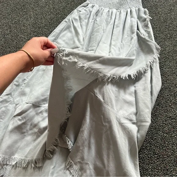 Pastel Baby Blue High Waisted Stretch Midi Maxi Ruffle Frayed Hem Modest Skirt L - Picture 6 of 16